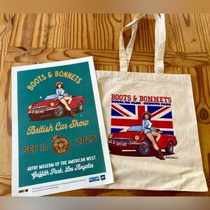 Boots & Bonnets car show memorabilia poster and canvas tote bag.
